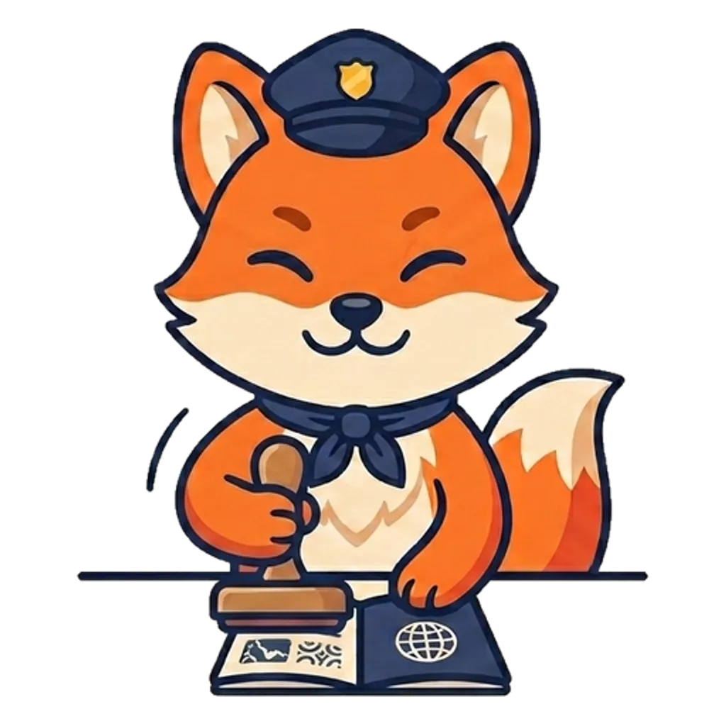 Ody in a customs officer cap, stamping a passport.