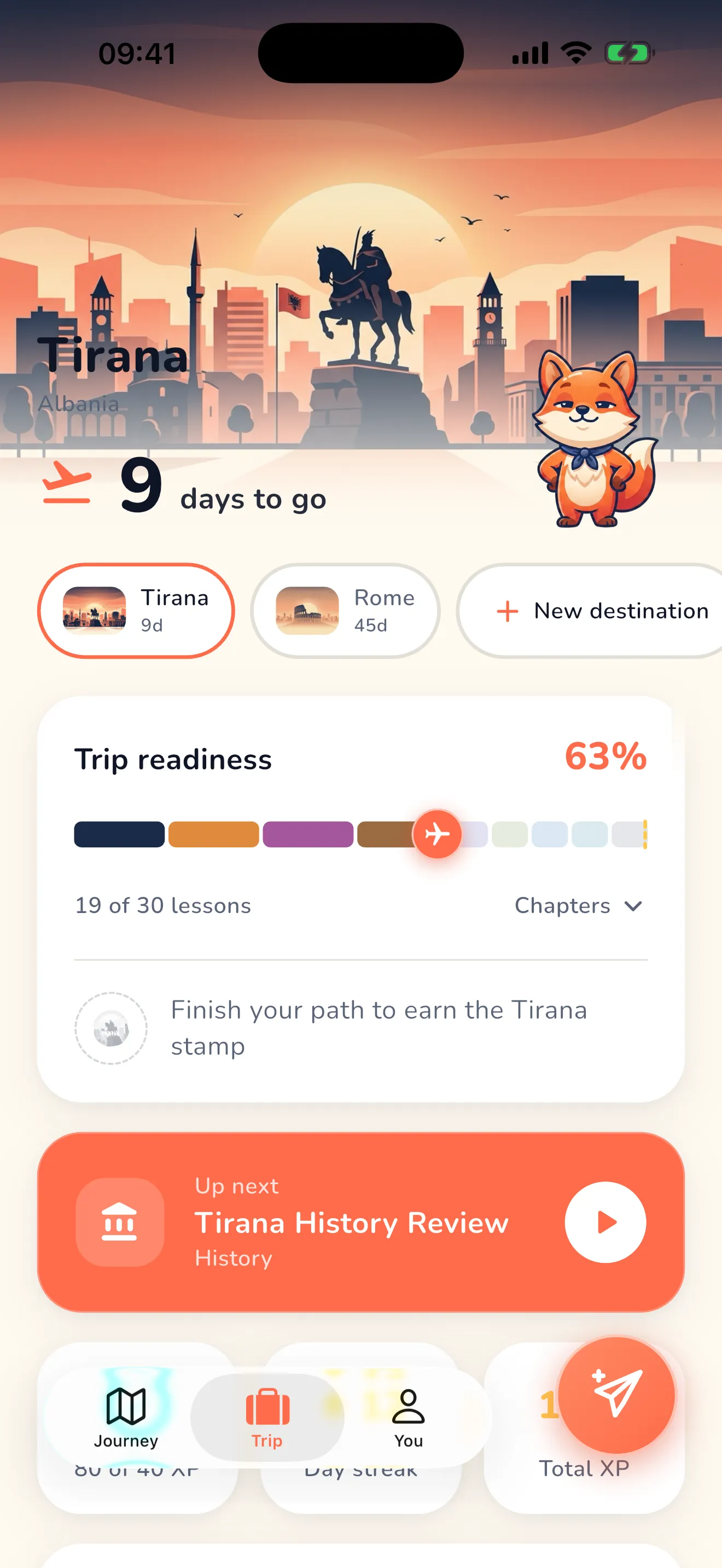 The Odyvel trip screen: Tirana at sunset, nine days to go, trip readiness at 63 percent, and the next lesson, Tirana History Review, ready to start.