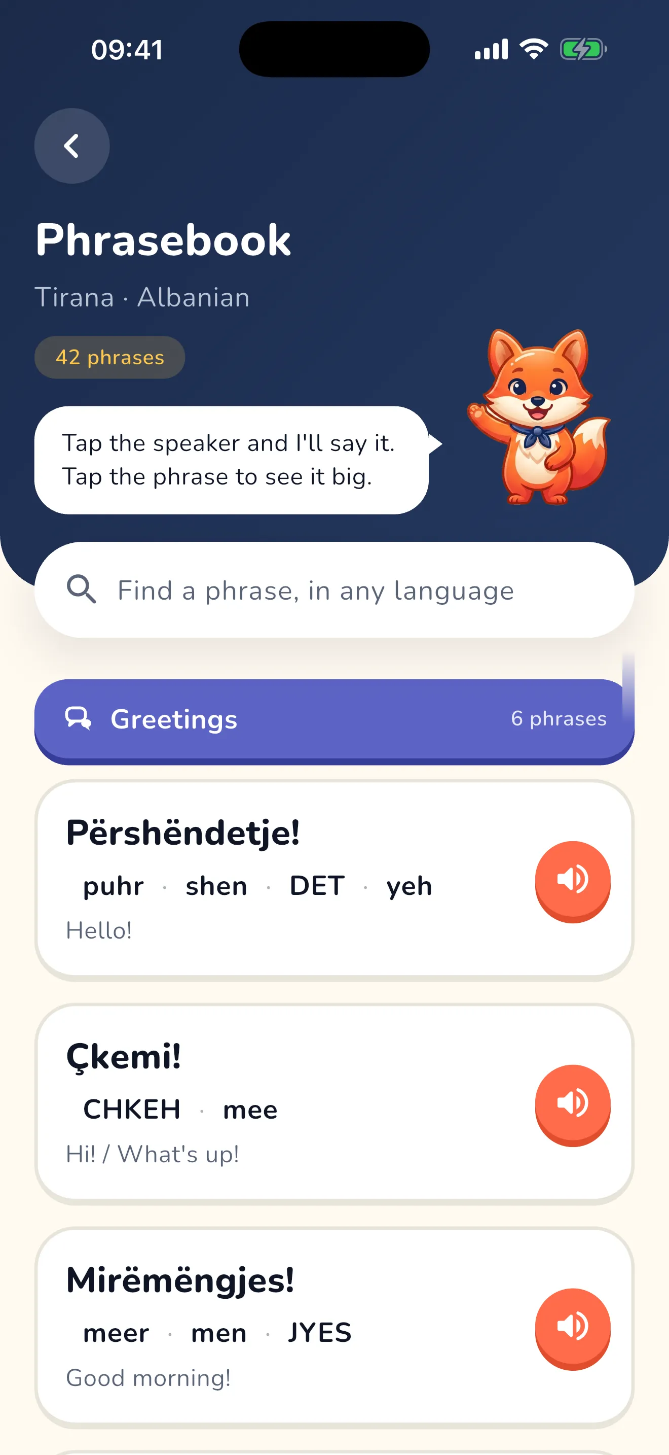 The Odyvel phrasebook for Tirana: 42 Albanian phrases, each with its respelling and a speaker button, Ody waving in the header.